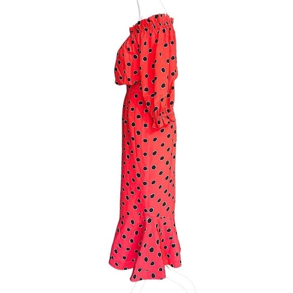 Saloni Midi Dress SILK Red White Black Polka Dot Grace Off Shoulder Ruffle XS 0 - Picture 8 of 12